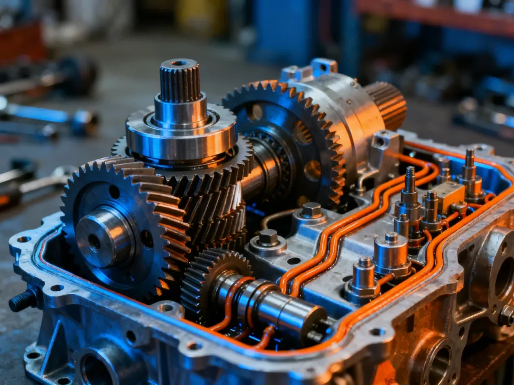 Wnętrze automatycznej skrzyni biegów 6HP z widocznymi metalowymi przekładniami i układem hydraulicznym.