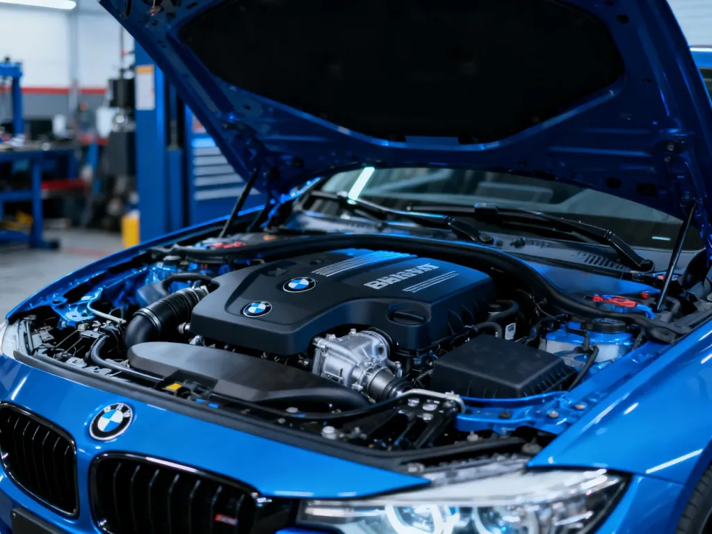 Otwarta komora silnika BMW F30 w profesjonalnym oświetleniu, prezentująca kluczowe podzespoły jednostki napędowej.