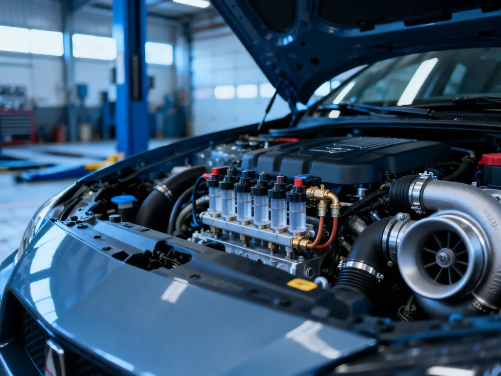 Zbliżenie na silnik Peugeota 308 z widocznym układem wtryskowym i turbosprężarką w profesjonalnym warsztacie samochodowym.