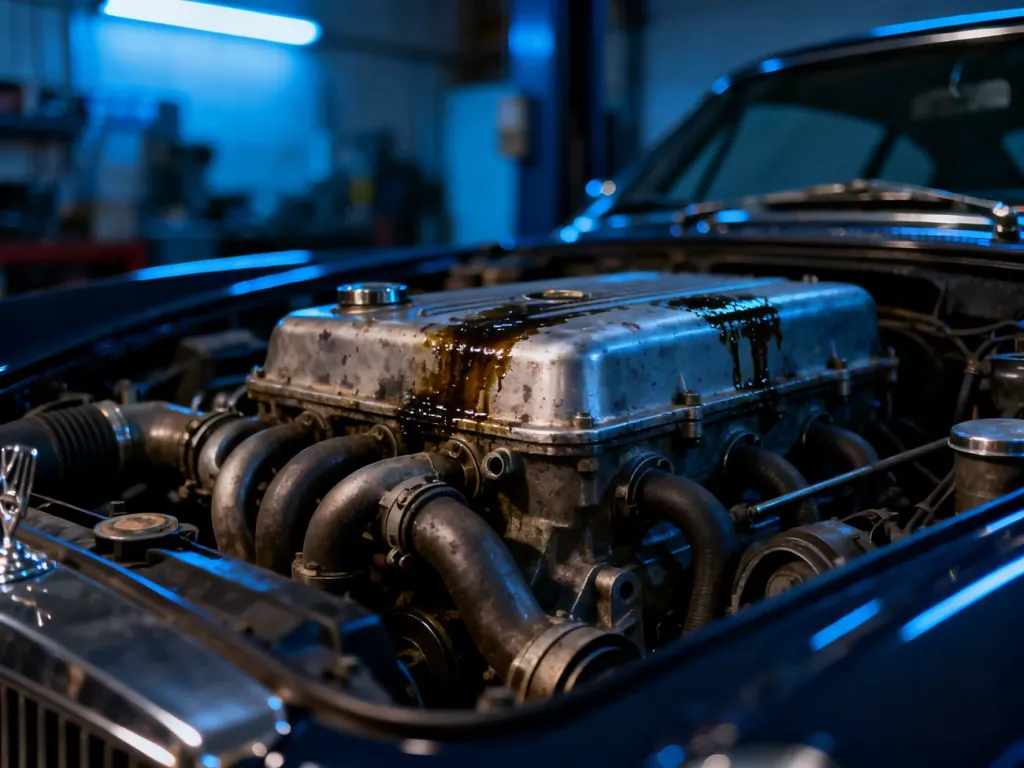 Zużyty element silnika Audi A6 C5 z widocznymi śladami wycieku oleju, wymagający kontroli technicznej.
