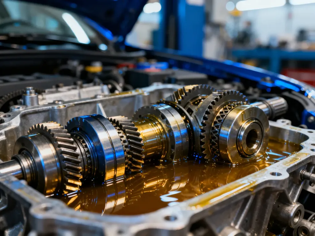 Zbliżenie na precyzyjny mechanizm mokrego sprzęgła dwusprzęgłowej skrzyni biegów DSG wewnątrz komory silnika.