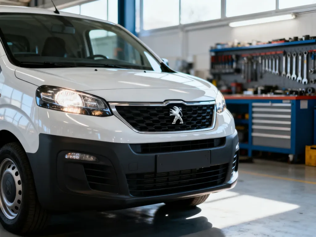 Nowoczesny Peugeot Partner zaparkowany w profesjonalnym warsztacie samochodowym podczas przeglądu technicznego.