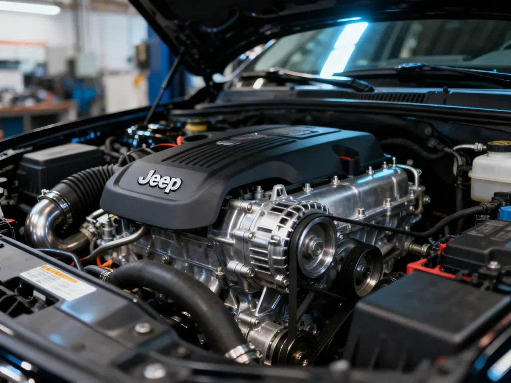 Widok na komorę silnika 3.2 V6 w samochodzie Jeep Cherokee z wyeksponowanymi detalami jednostki napędowej.