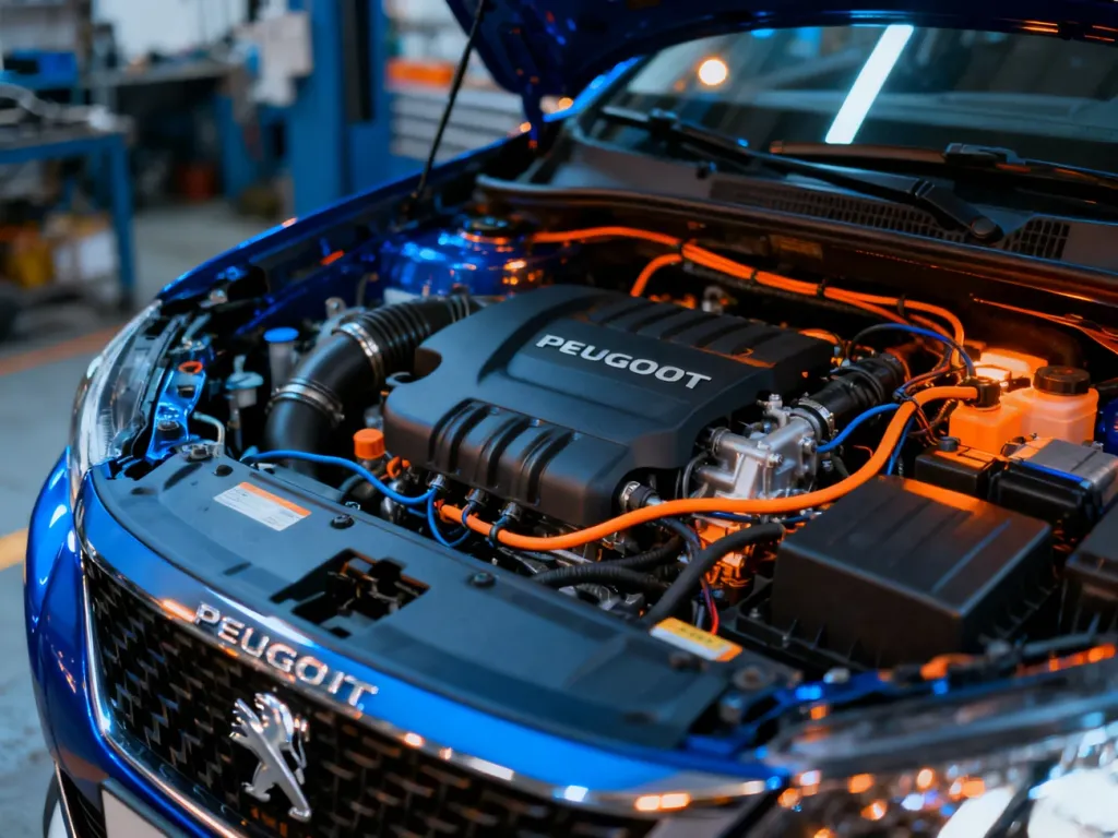 Otwarta komora silnika nowoczesnego Peugeota 2008 z widocznymi podzespołami mechanicznymi i instalacją elektryczną.