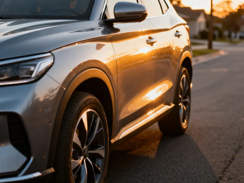 Nowoczesny crossover SsangYong Tivoli zaparkowany na drodze w świetle zachodzącego słońca.
