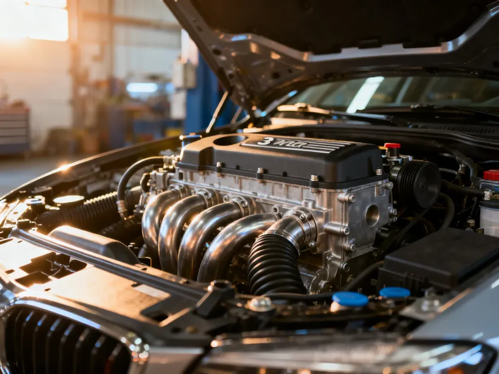 Zbliżenie na nowoczesny, trzycylindrowy silnik 1.0 EcoBoost z widocznymi detalami technicznymi i metalicznymi elementami.