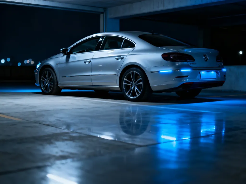 Srebrny Volkswagen Passat CC zaparkowany w nowoczesnym garażu podziemnym, podkreślający elegancką sylwetkę auta.