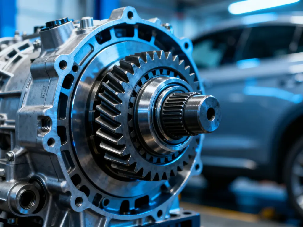 Zbliżenie na precyzyjny mechanizm skrzyni rozdzielczej napędu xDrive w profesjonalnym warsztacie samochodowym.