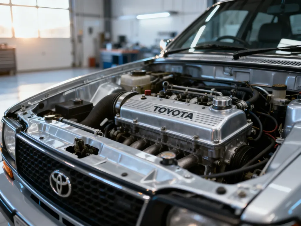 Komora silnika Toyoty Corolli E12 z widocznym blokiem jednostki napędowej w profesjonalnym warsztacie.