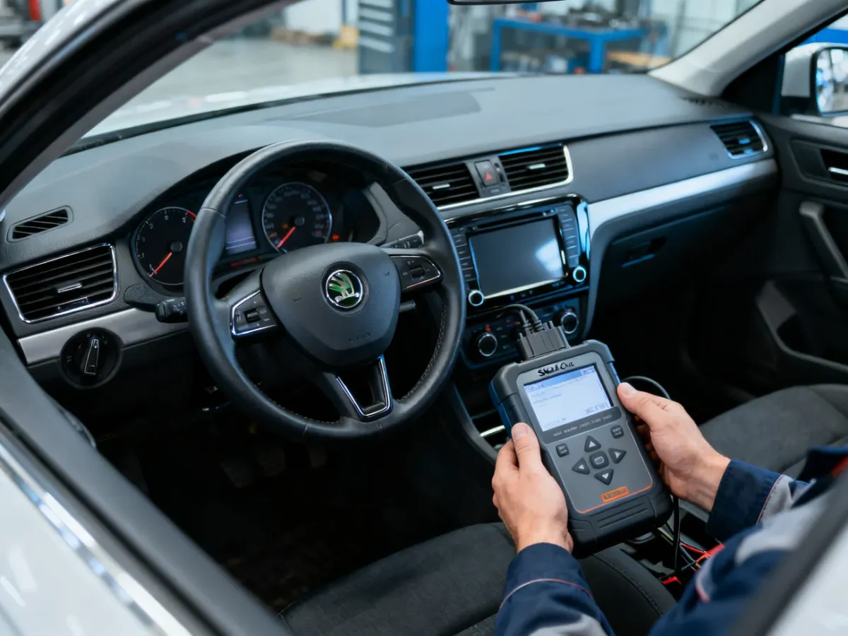 Mechanik sprawdza elektronikę i wnętrze używanej Skody Octavii