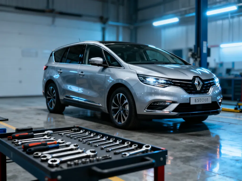 Srebrny Renault Espace 5 zaparkowany w nowoczesnym warsztacie samochodowym z narzędziami na pierwszym planie.