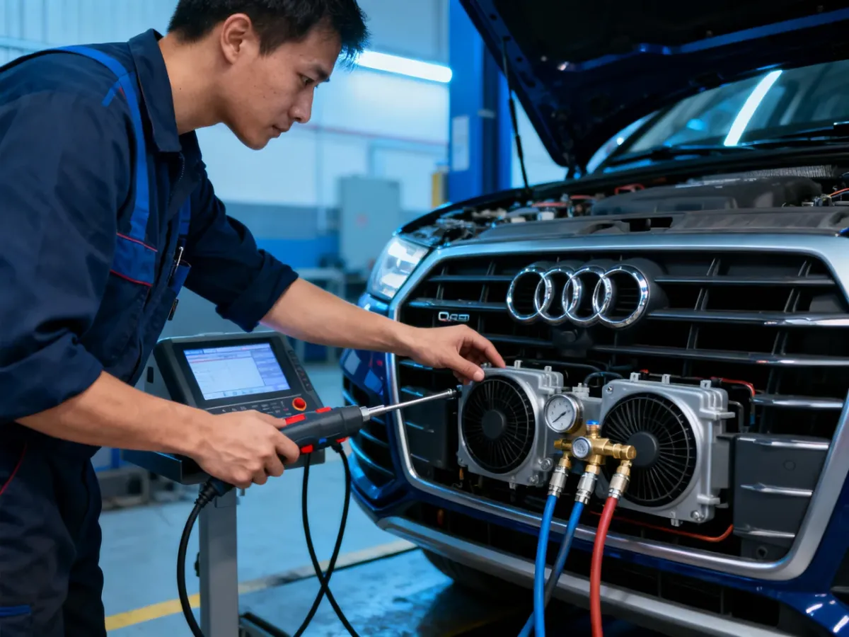 Mechanik sprawdzający klimatyzację w używanym Audi Q5