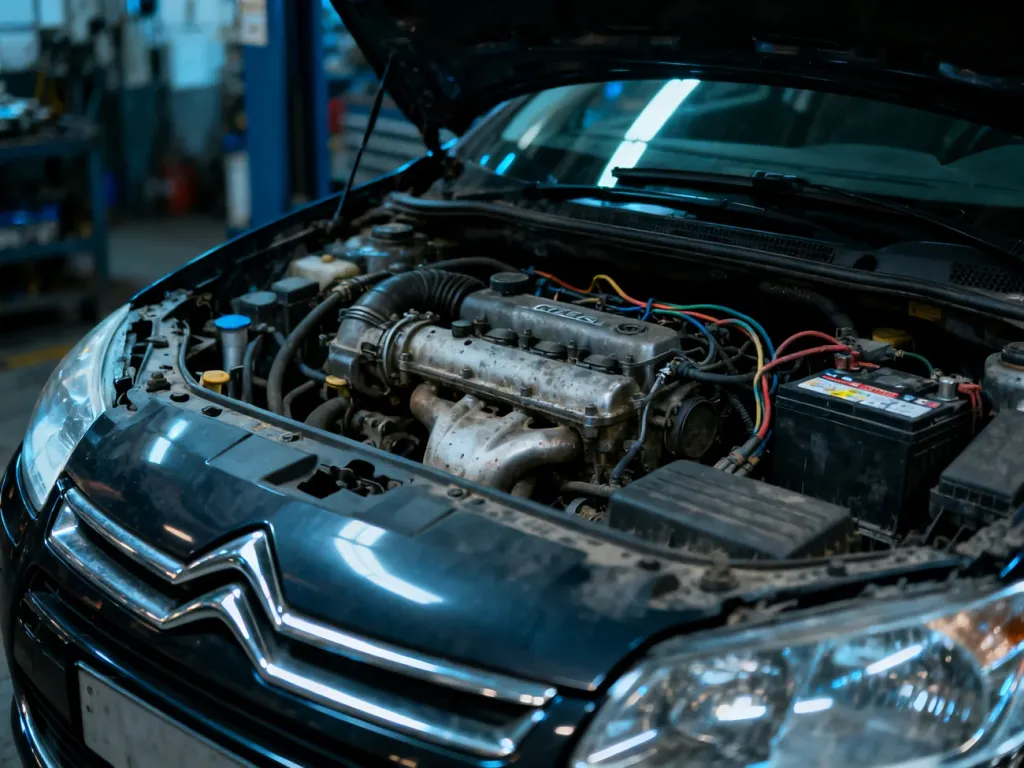 Otwarta maska samochodu Citroen C4 z widocznym silnikiem spalinowym w profesjonalnym warsztacie samochodowym.