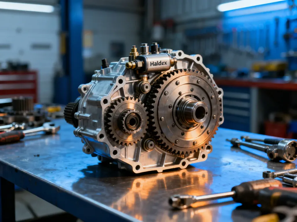 Zdemontowany mechanizm sprzęgła Haldex na warsztatowym stole, ukazujący precyzyjne elementy metalowe i hydrauliczne.