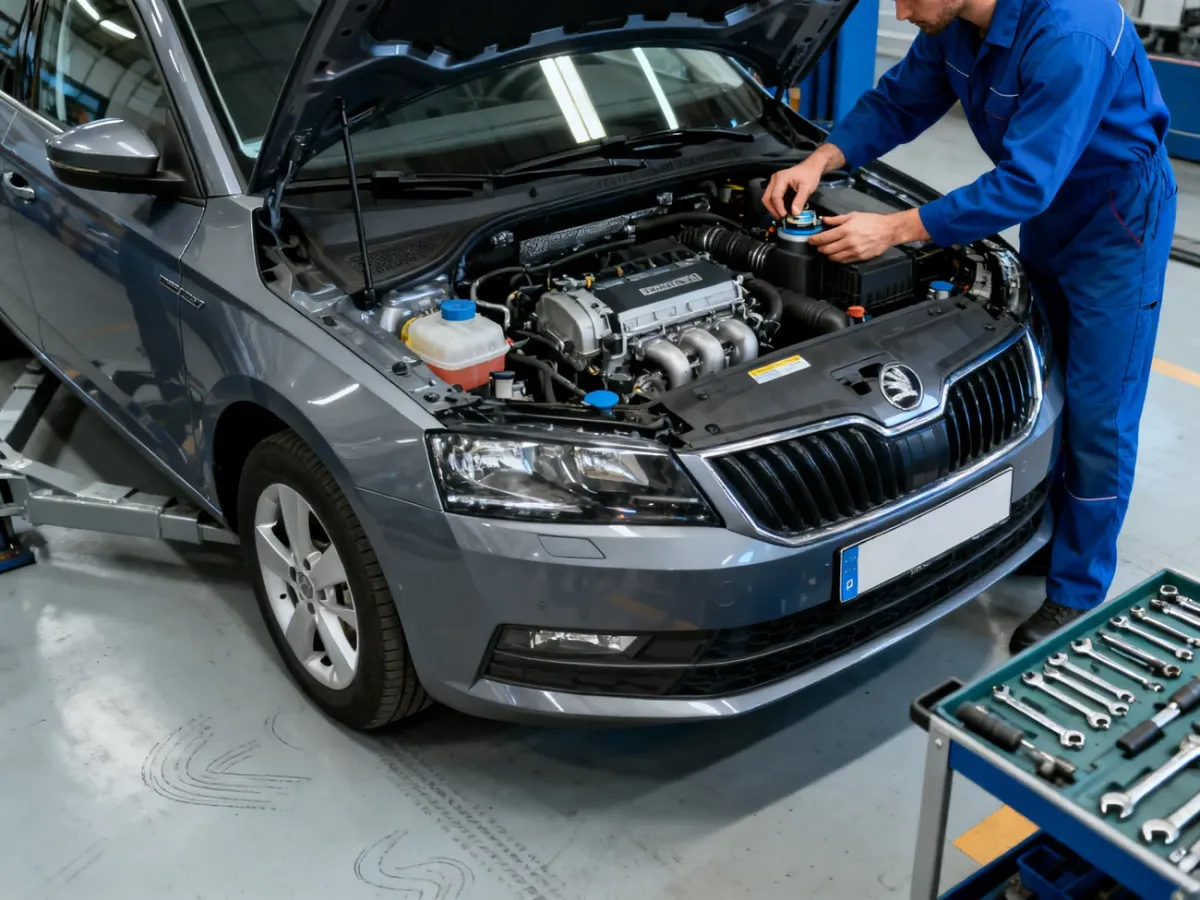 Mechanik sprawdzający silnik nowoczesnego samochodu z silnikiem Diesla