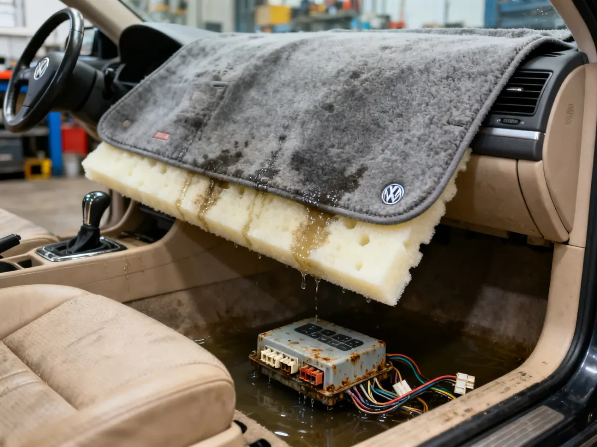 Odsłonięty moduł komfortu i wilgotna podłoga pod wykładziną Passata B5