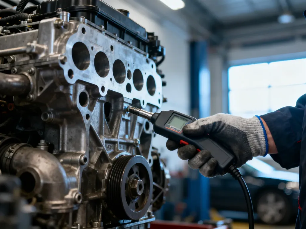 Mechanik wykonujący diagnostykę silnika w samochodzie Peugeot 208 w profesjonalnym warsztacie.