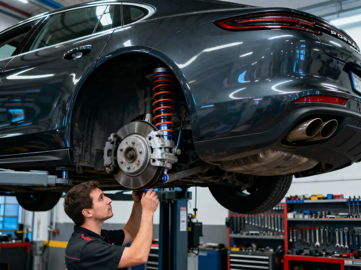 Porsche Panamera w warsztacie z widocznie opadniętym zawieszeniem pneumatycznym