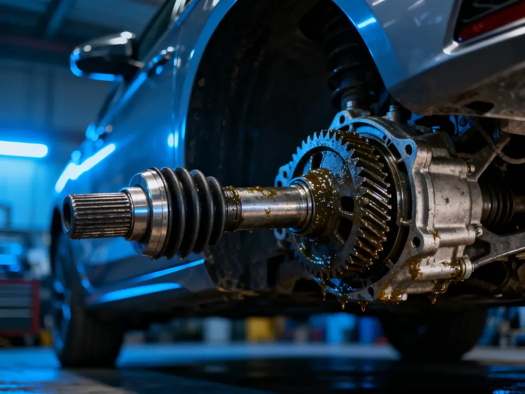 Zbliżenie na elementy układu napędowego 4Motion, w tym wał napędowy i mechanizm różnicowy w profesjonalnym warsztacie.