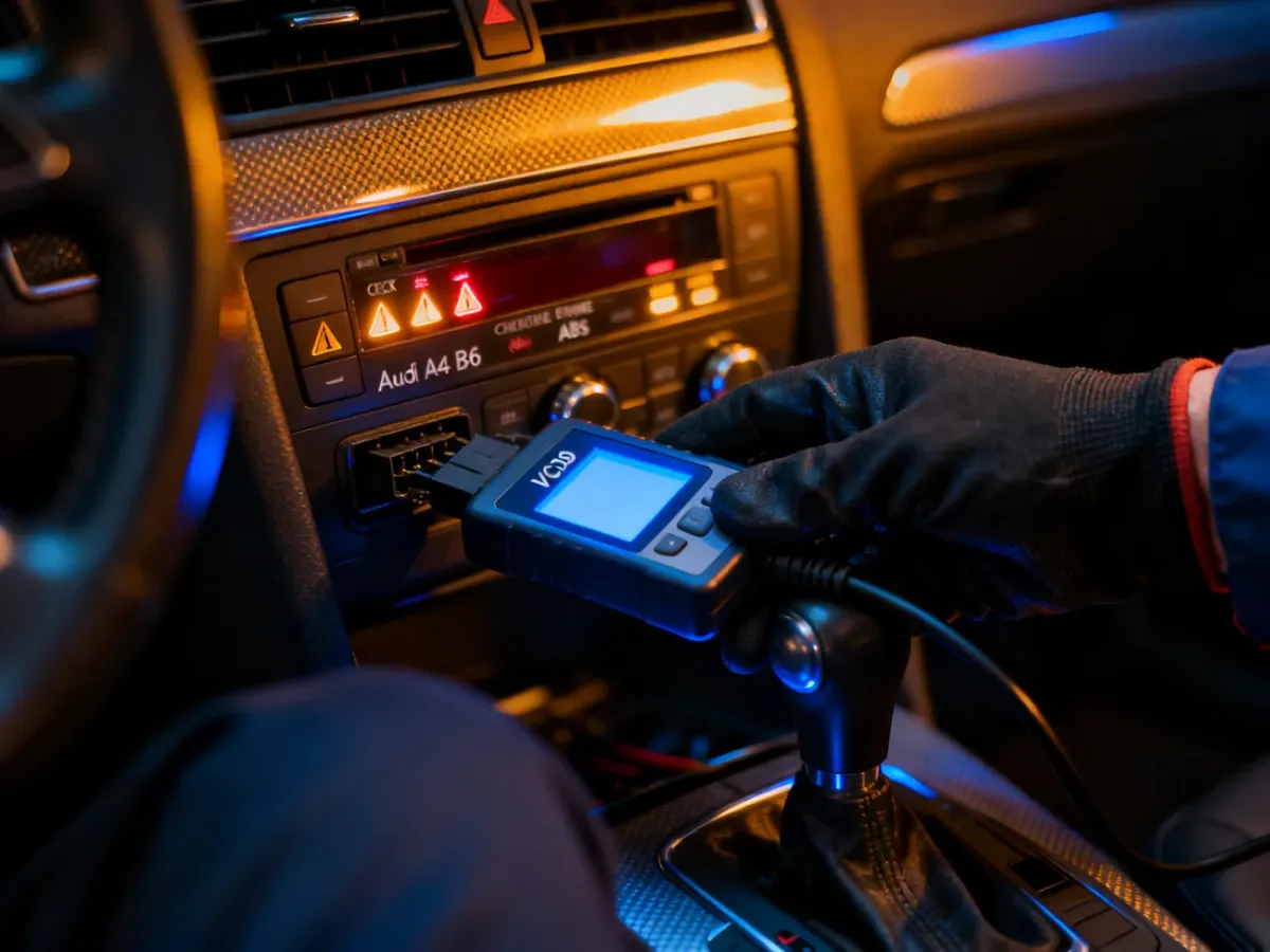 Deska rozdzielcza Audi A4 B6 z wieloma kontrolkami i podłączonym urządzeniem diagnostycznym