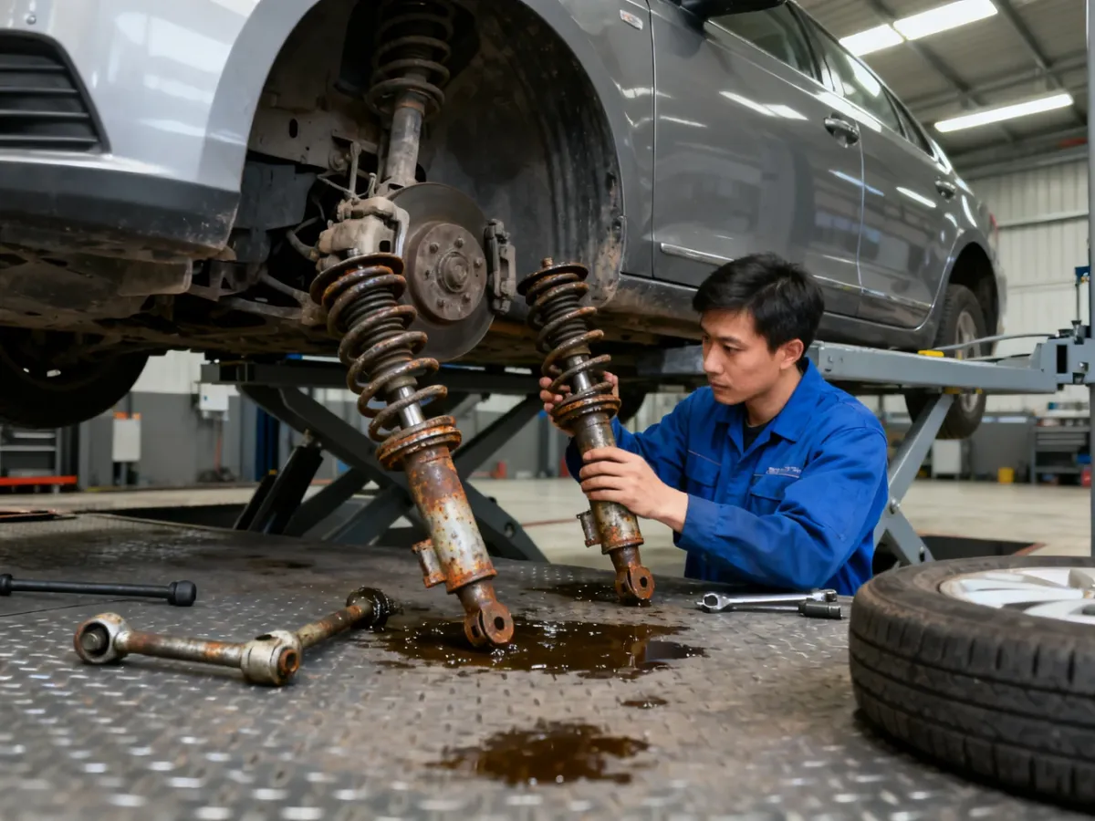 Mechanik sprawdzający amortyzatory i zawieszenie samochodu na podnośniku