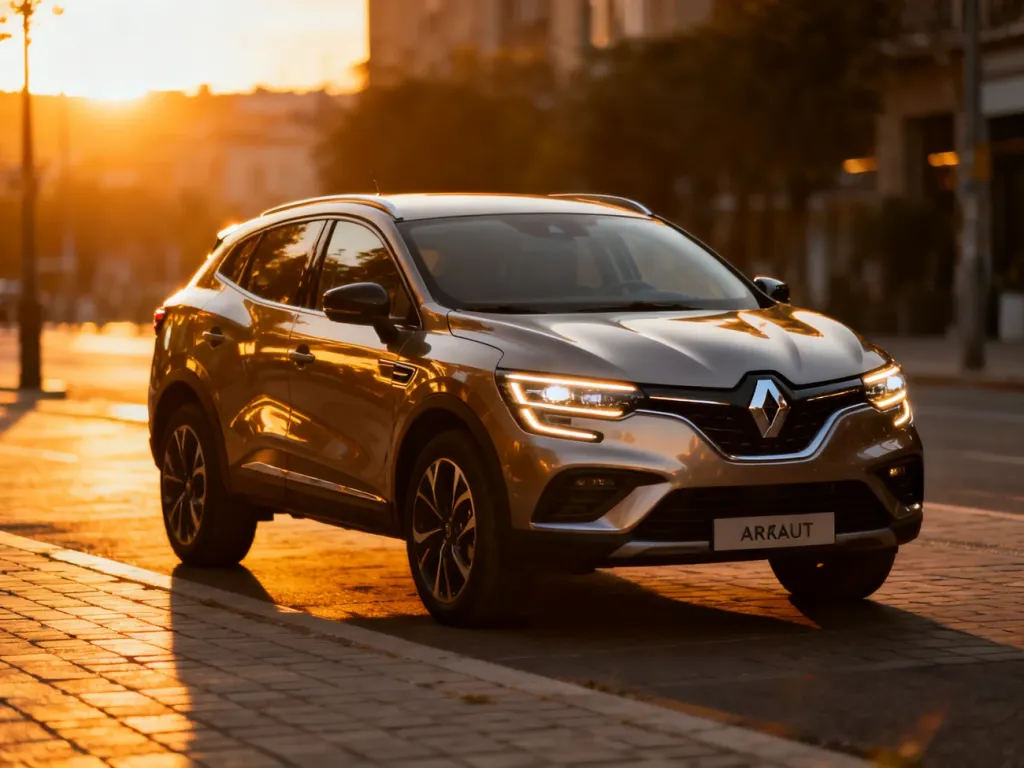 Nowoczesny Renault Arkana zaparkowany na miejskiej ulicy w blasku zachodzącego słońca.