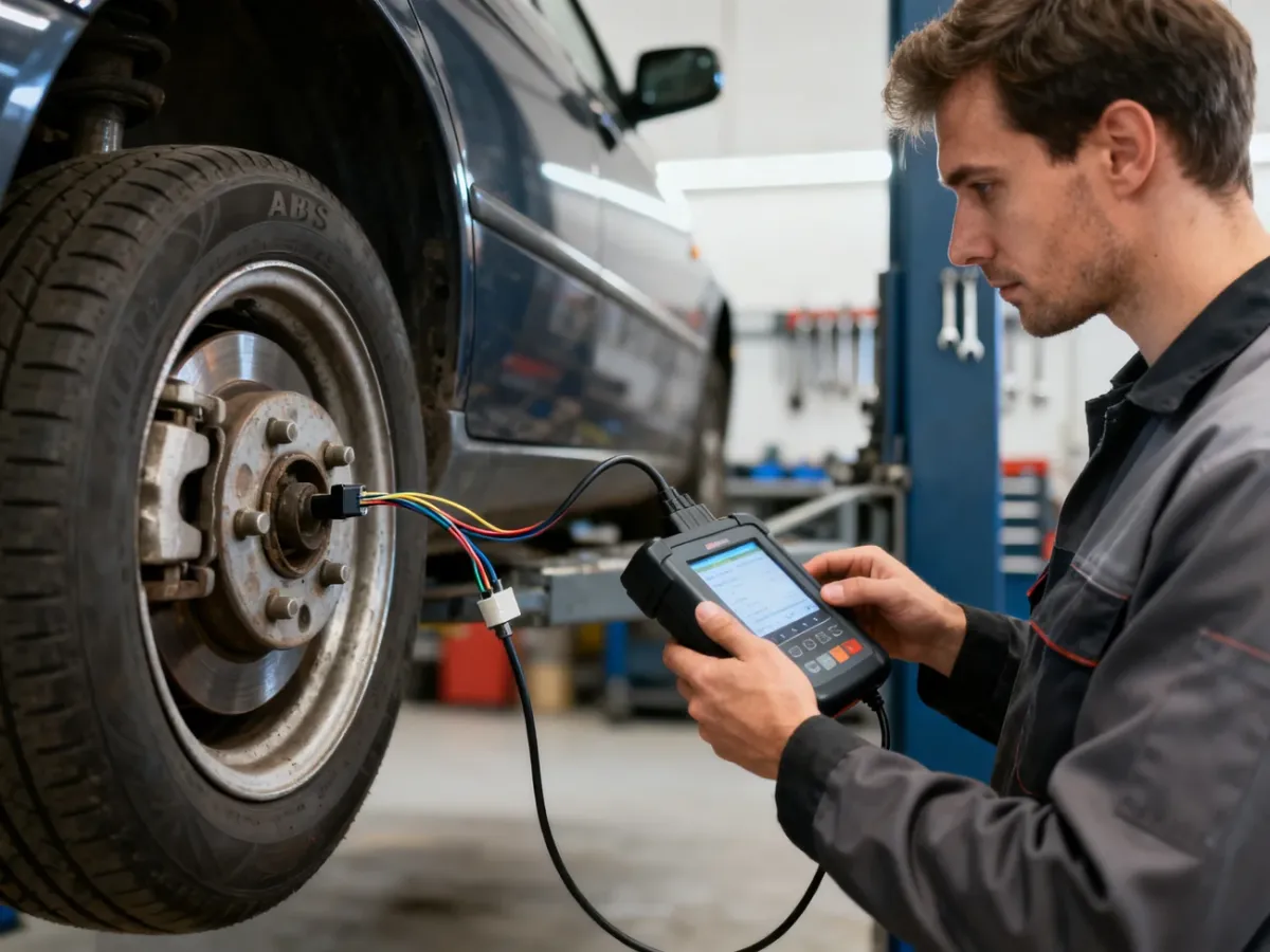 Mechanik diagnozujący układ ABS za pomocą testera komputerowego