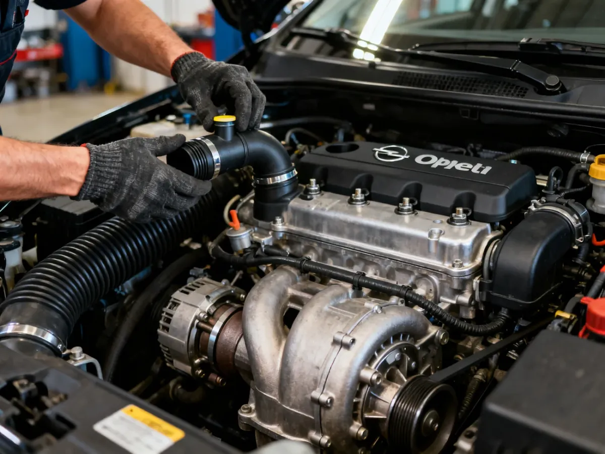 Mechanic inspecting the crankcase ventilation system of an Opel 1.4 Turbo engine
