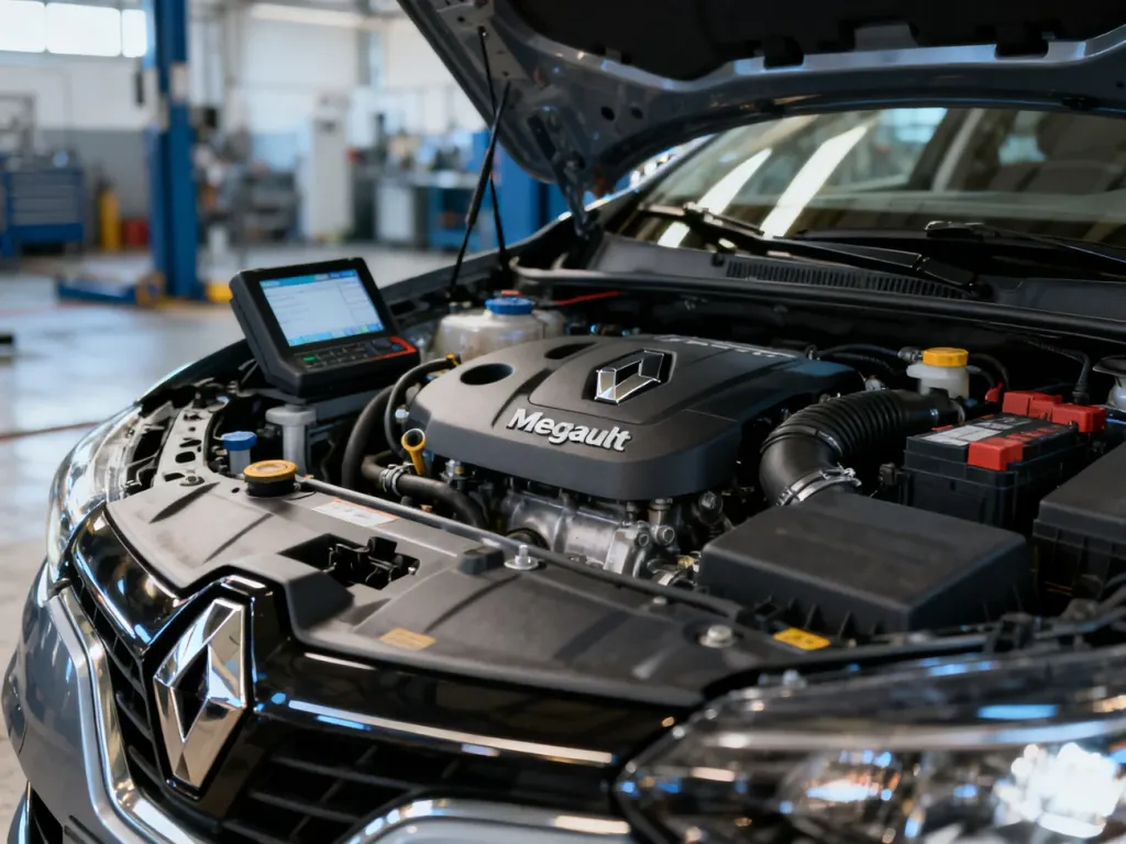 Otwarta komora silnika samochodu Renault Megane podczas profesjonalnej diagnostyki technicznej w warsztacie.