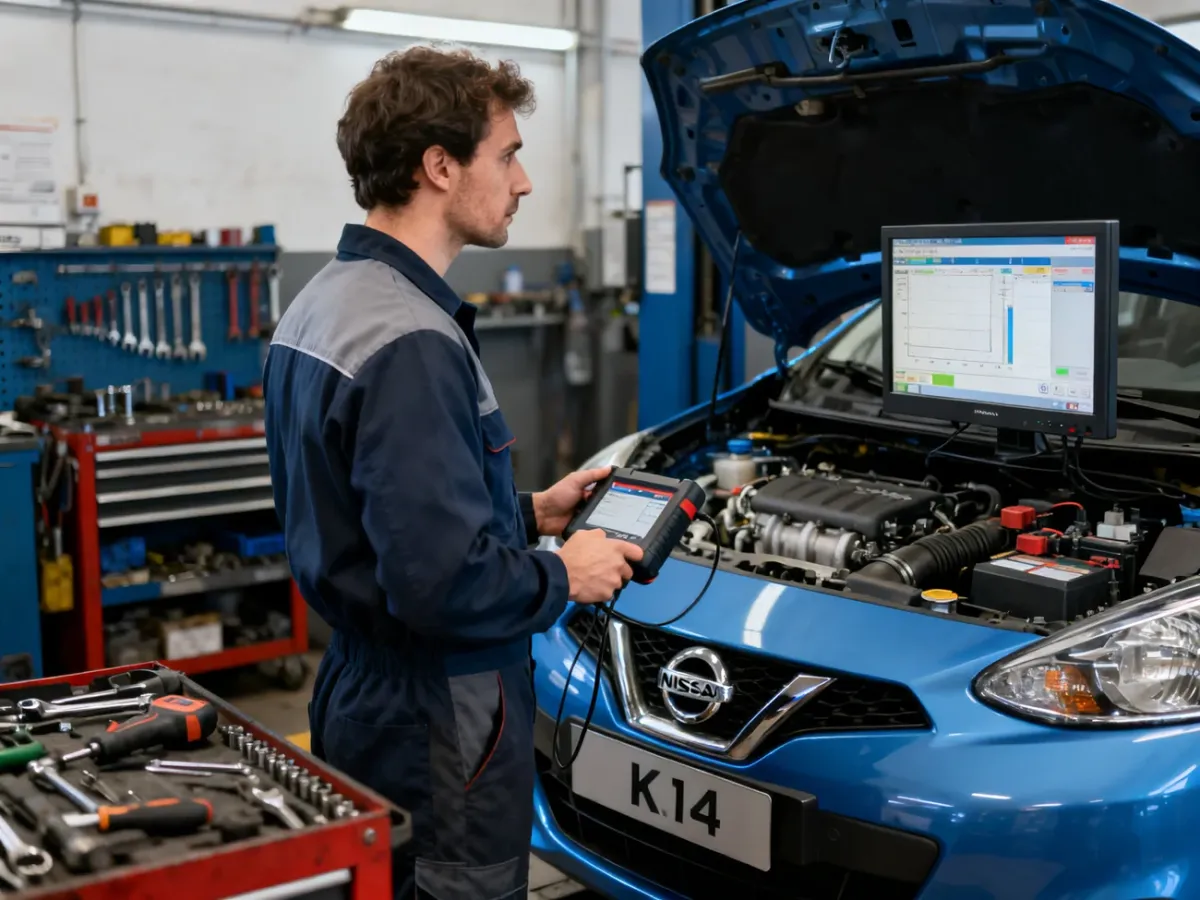 Mechanik diagnozuje Nissana Micrę K14 za pomocą testera diagnostycznego