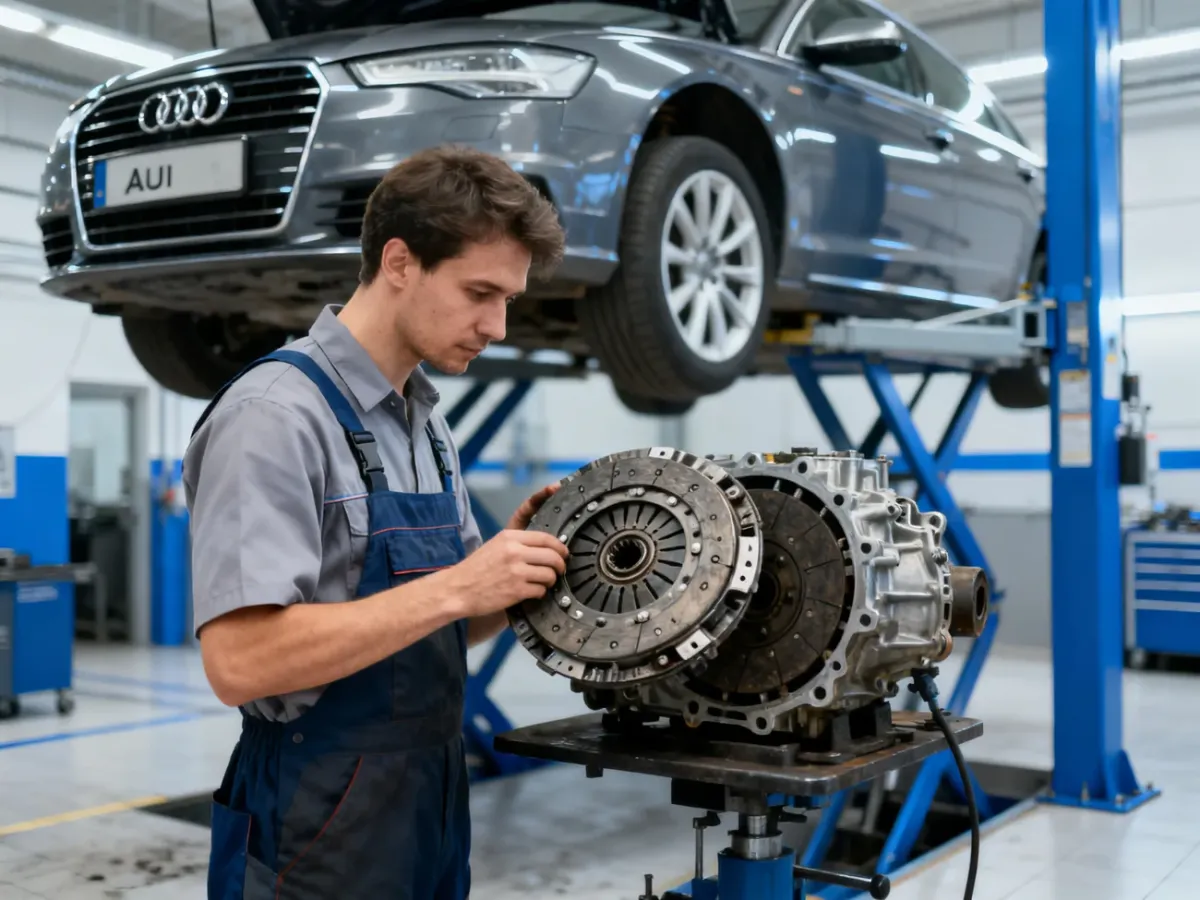 Mechanik oglądający koło dwumasowe i sprzęgło w warsztacie samochodowym