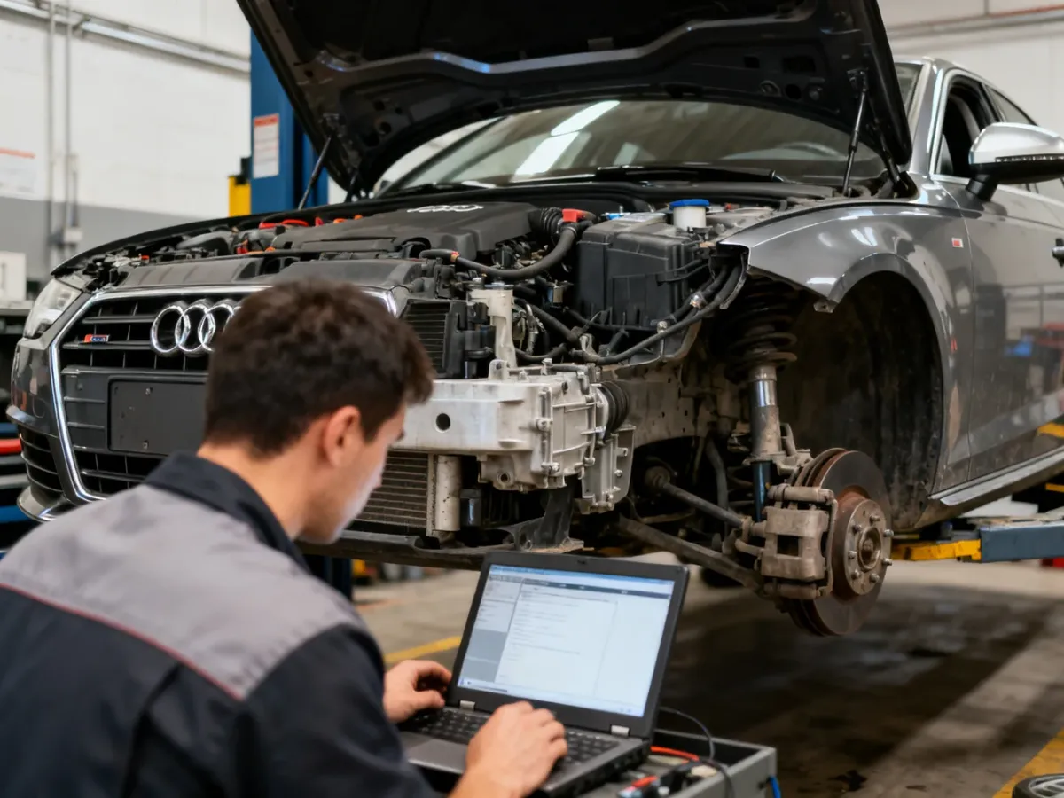Mechanik sprawdza używane Audi A4 podczas przedzakupowej kontroli