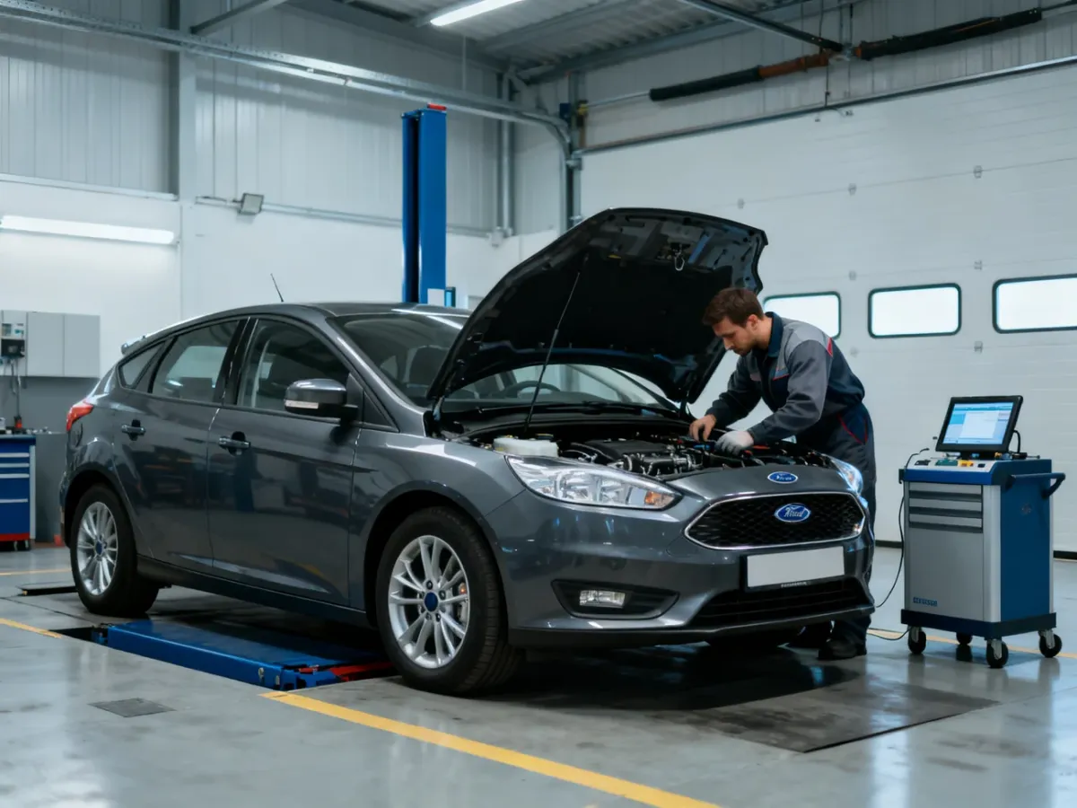 Mechanik sprawdzający Forda Focusa podczas kontroli przed zakupem