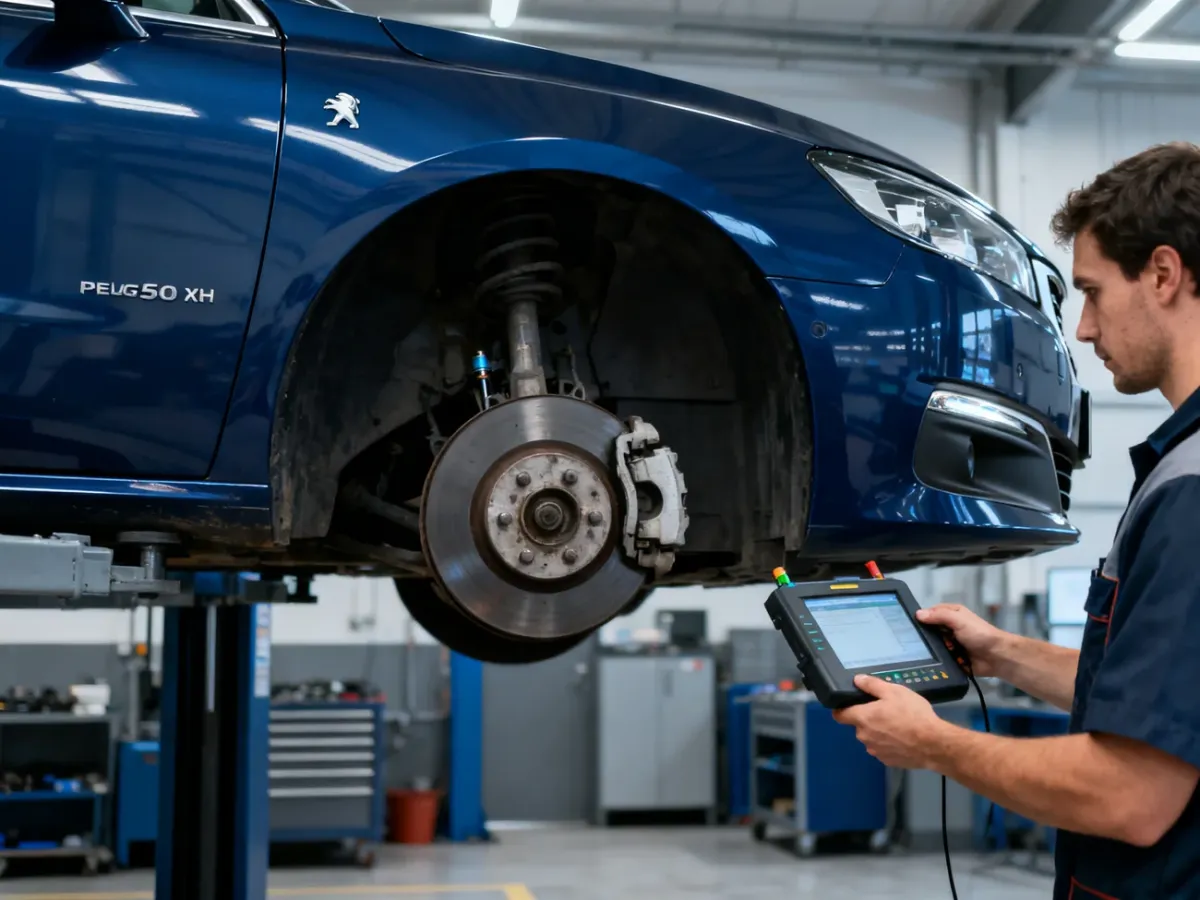 Mechanik diagnozujący czujnik ABS i łożysko koła w Peugeot 508 RXH