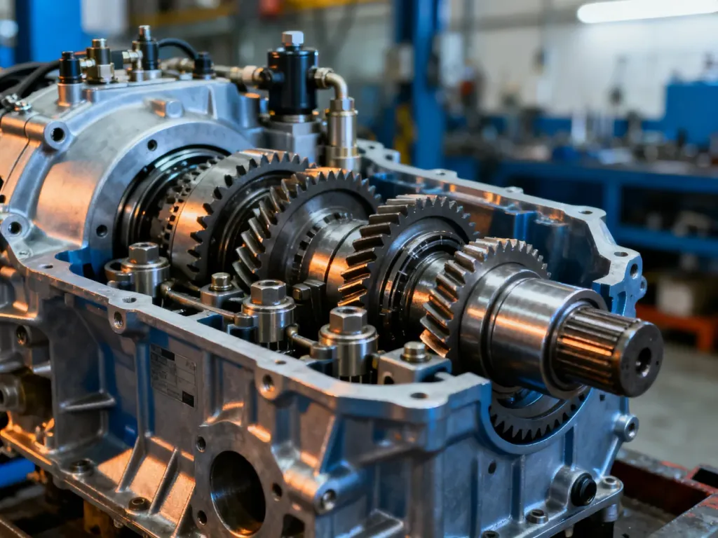 Wnętrze nowoczesnej skrzyni biegów z widocznymi metalowymi przekładniami i zaworami hydraulicznymi.