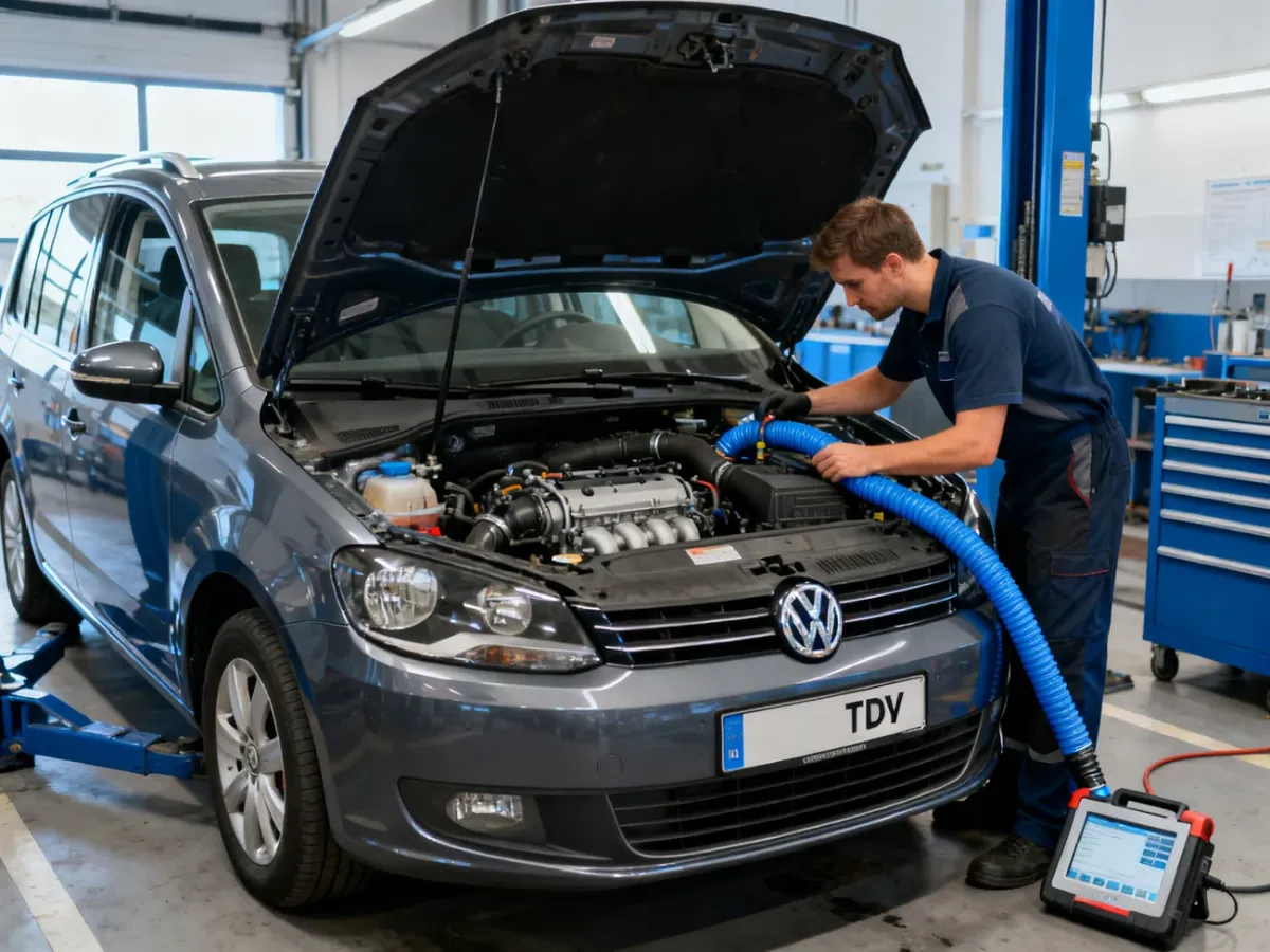 Mechanik diagnozujący silnik 1.9 TDI w Volkswagenie Touranie