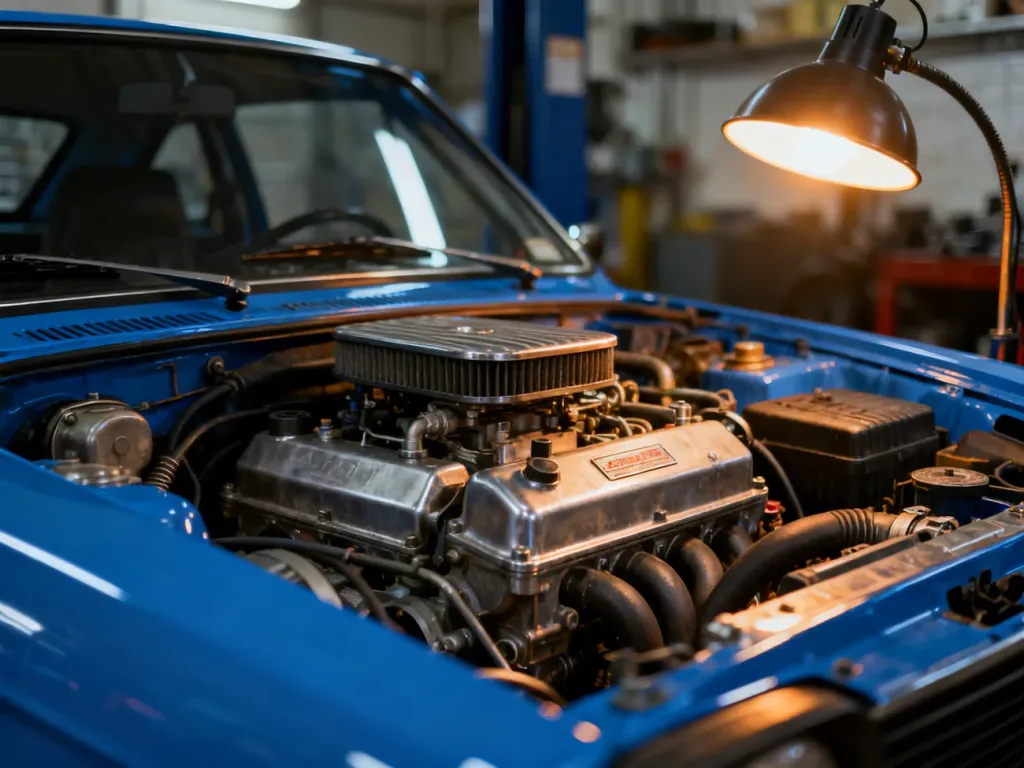 Komora silnika Volkswagena Golfa 5 z widocznymi podzespołami mechanicznymi w profesjonalnym oświetleniu warsztatowym.