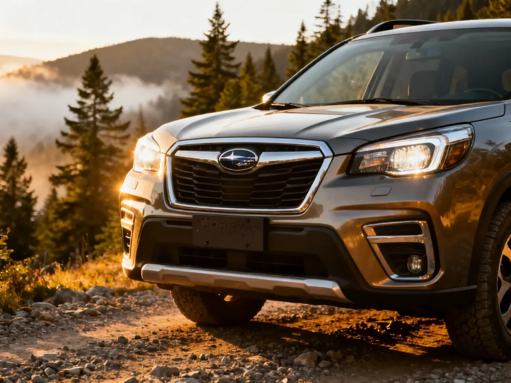 Subaru Forester zaparkowane na żwirowej drodze w górskim krajobrazie podczas złotej godziny.