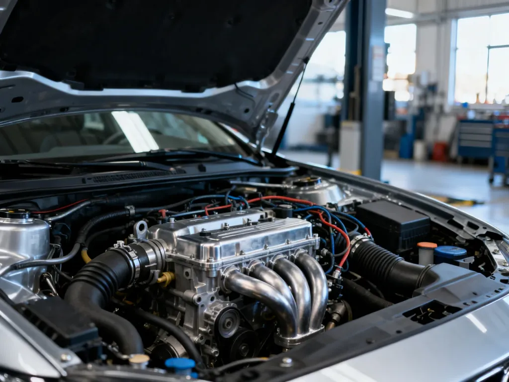 Otwarta komora silnika srebrnego Forda Mondeo mk3 z widocznymi podzespołami mechanicznymi w profesjonalnym warsztacie.