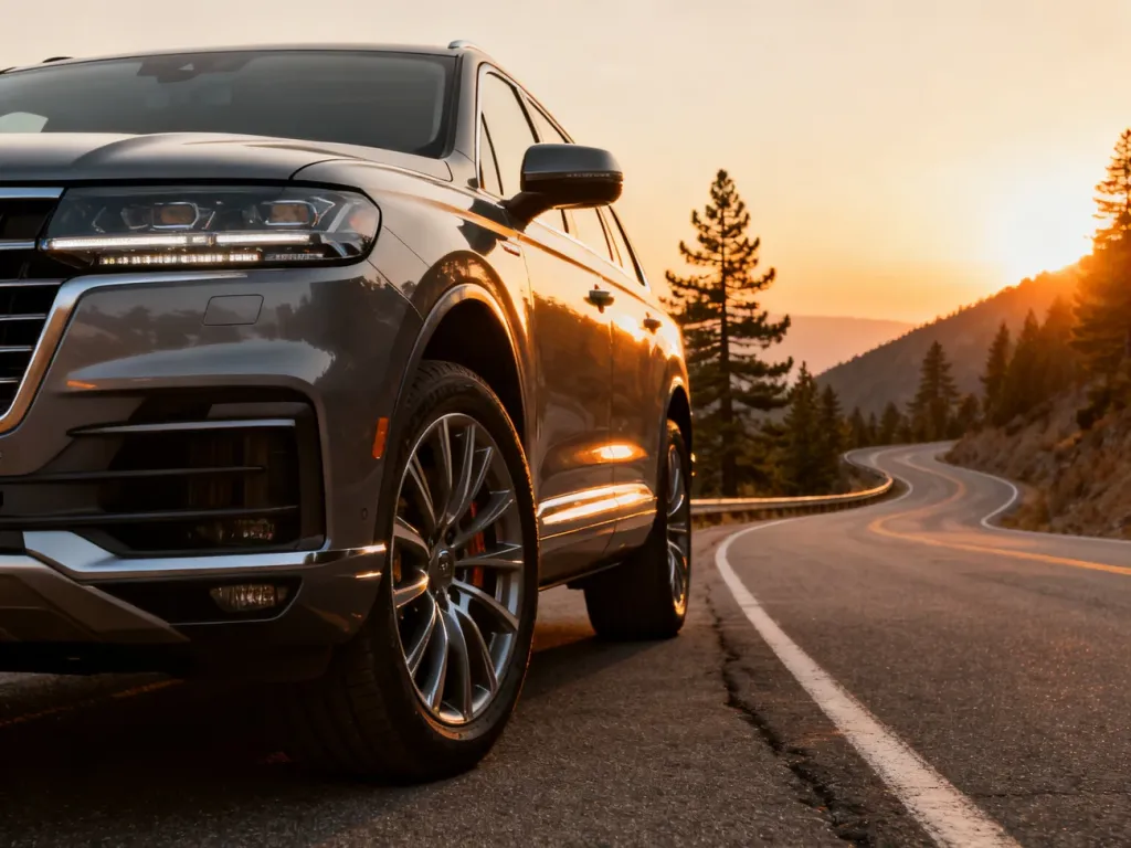 Nowoczesny SUV Kia Telluride zaparkowany na malowniczej górskiej drodze podczas zachodu słońca.