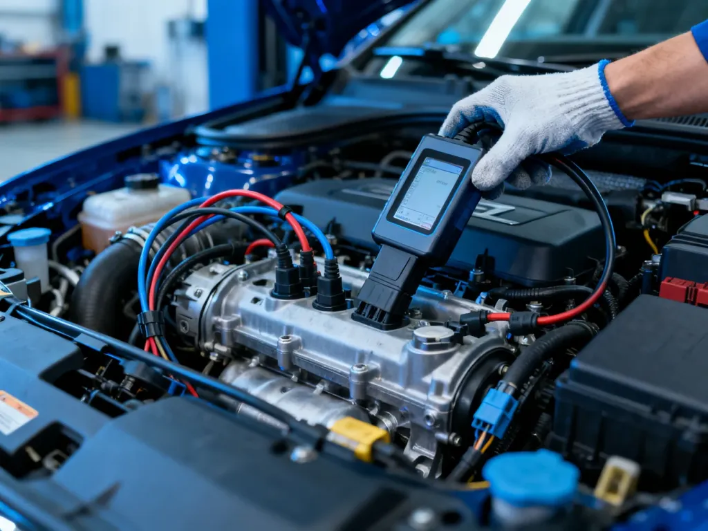 Mechanik podłączający urządzenie diagnostyczne do silnika Dacii Lodgy w celu wykrycia usterek.