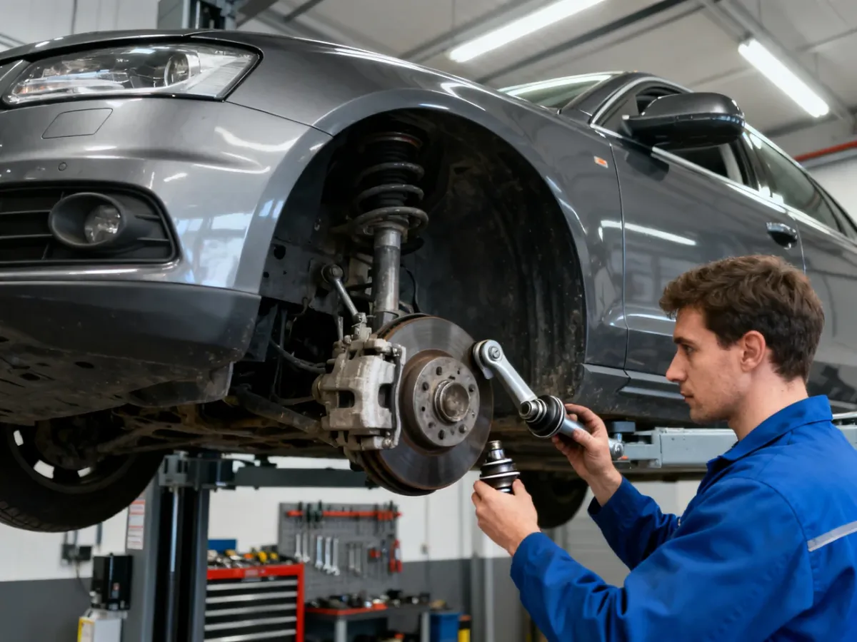 Mechanik sprawdza przednie zawieszenie i układ kierowniczy samochodu na podnośniku