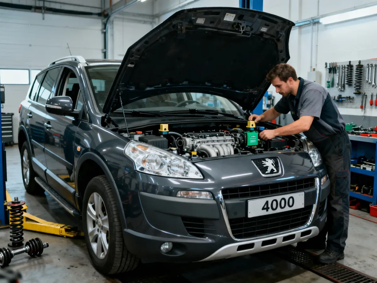 Peugeot 4007 podczas diagnostyki silnika i poduszek silnika w warsztacie