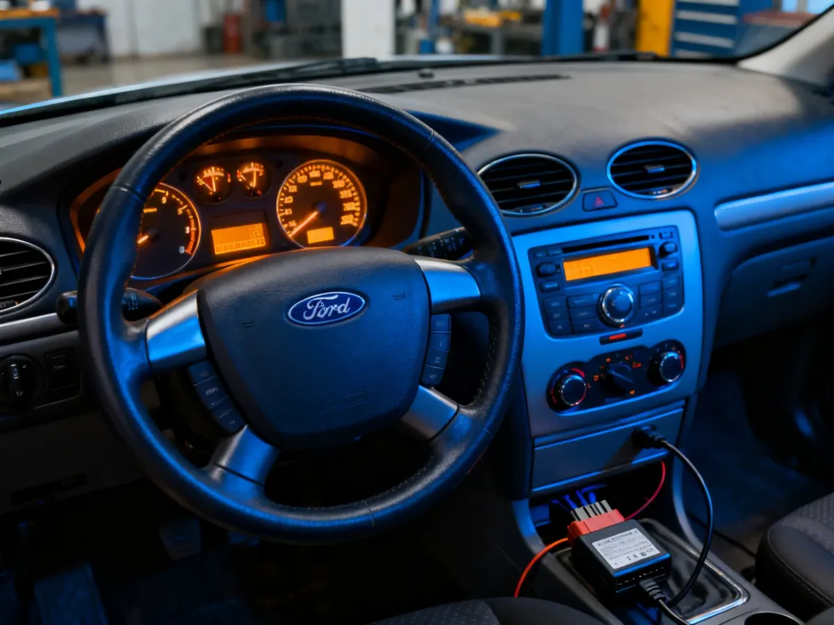 Deska rozdzielcza Forda Mondeo MK3 podczas testu zegarów z podłączonym interfejsem OBD-II