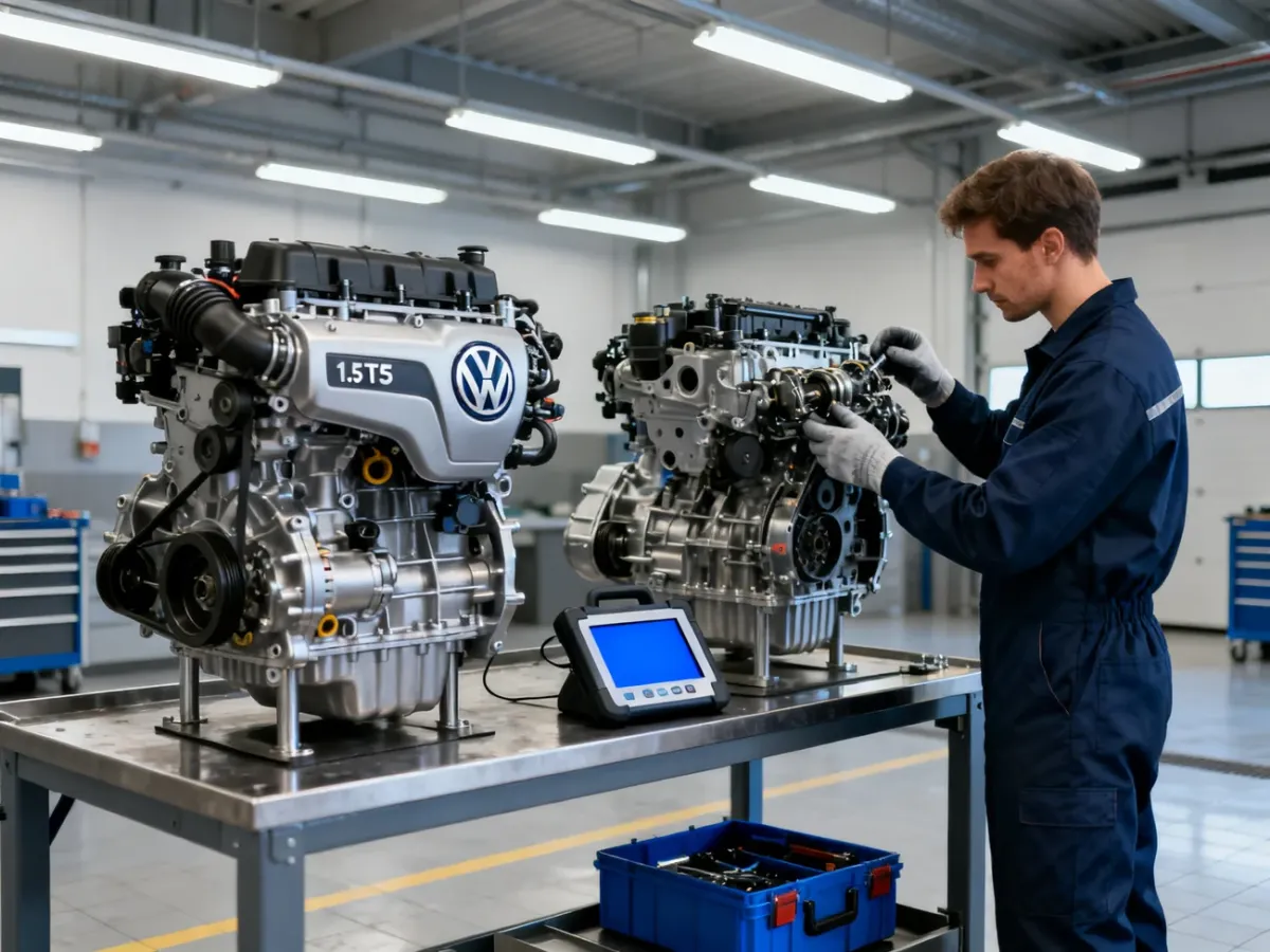 Mechanik porównujący i diagnozujący dwa warianty silnika 1.5 TSI w warsztacie