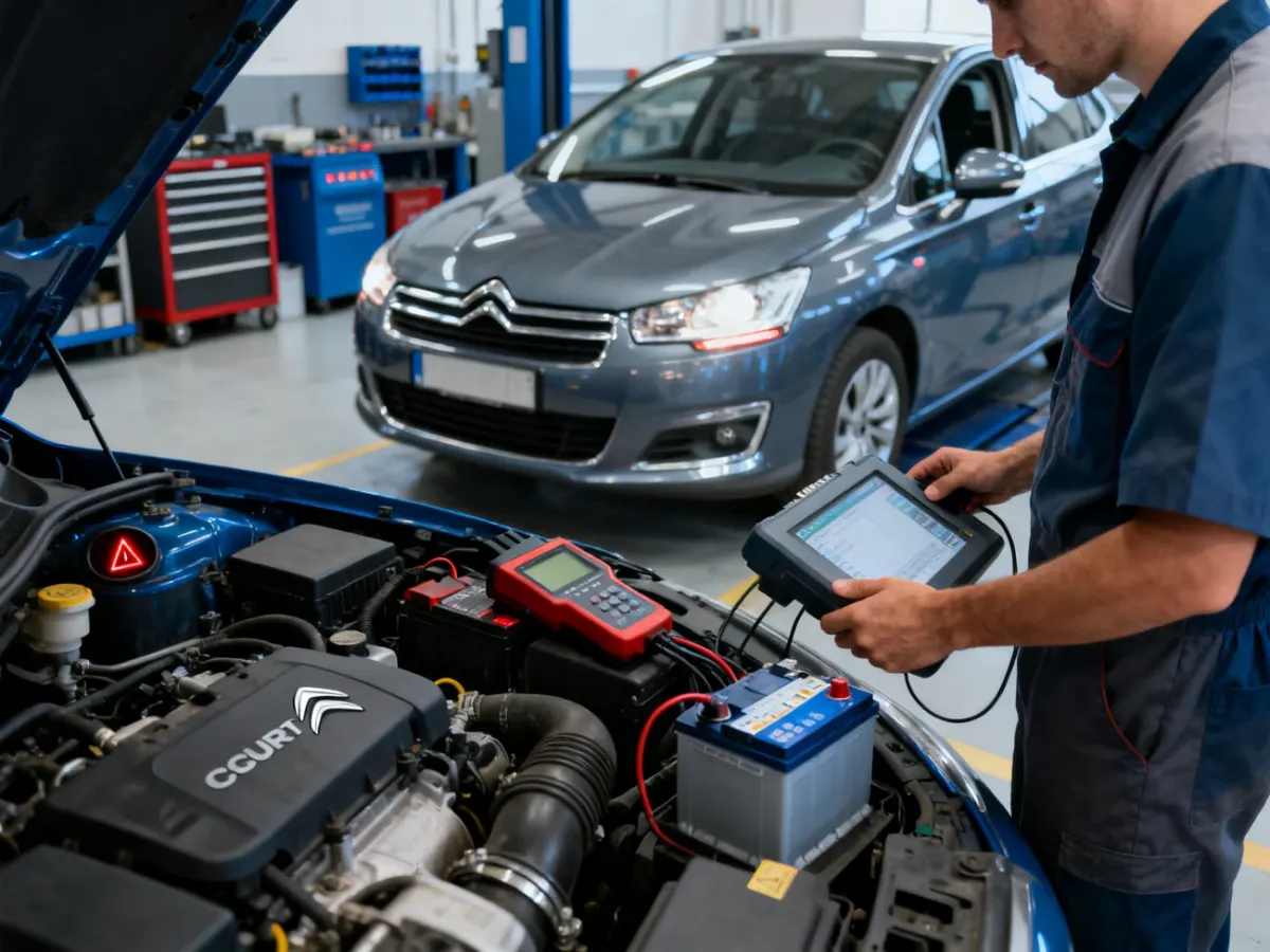 Mechanik przeprowadza kompleksową diagnostykę Citroena C4 w warsztacie