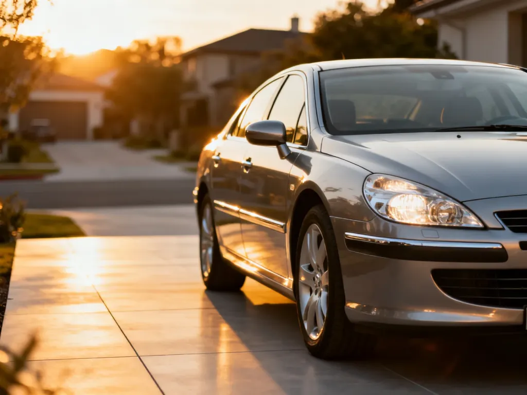 Elegancki Peugeot 607 zaparkowany na podjeździe w świetle zachodzącego słońca, prezentujący sylwetkę luksusowej limuzyny.