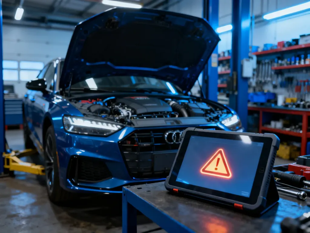 Mechanik diagnozujący usterkę silnika samochodu marki Opel za pomocą tabletu w nowoczesnym warsztacie.