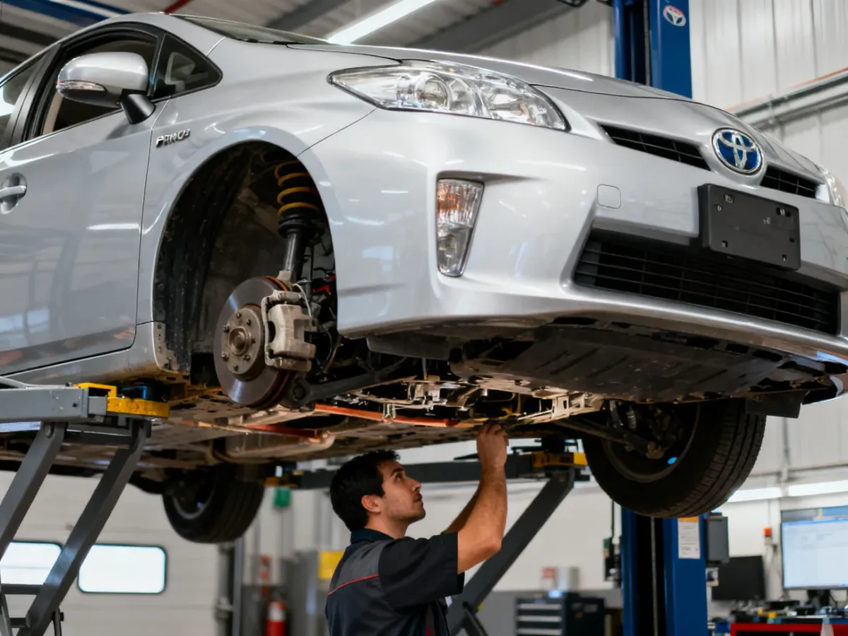 Toyota Prius na podnośniku podczas kontroli podwozia i elementów zawieszenia