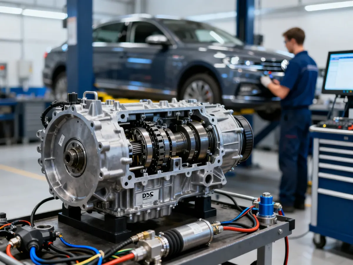 Mechanik diagnozujący mechatronikę automatycznej skrzyni DSG w warsztacie